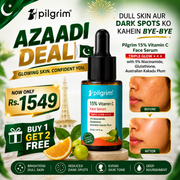 Pilgrim Azaadi Deal 15% Vitamin C Face Serum promotional graphic in Urdu and English, showing the face serum bottle, before/after skin close-ups, pricing at Rs.1549, and a 'Buy 1 Get 2 Free' offer on a green and white background.