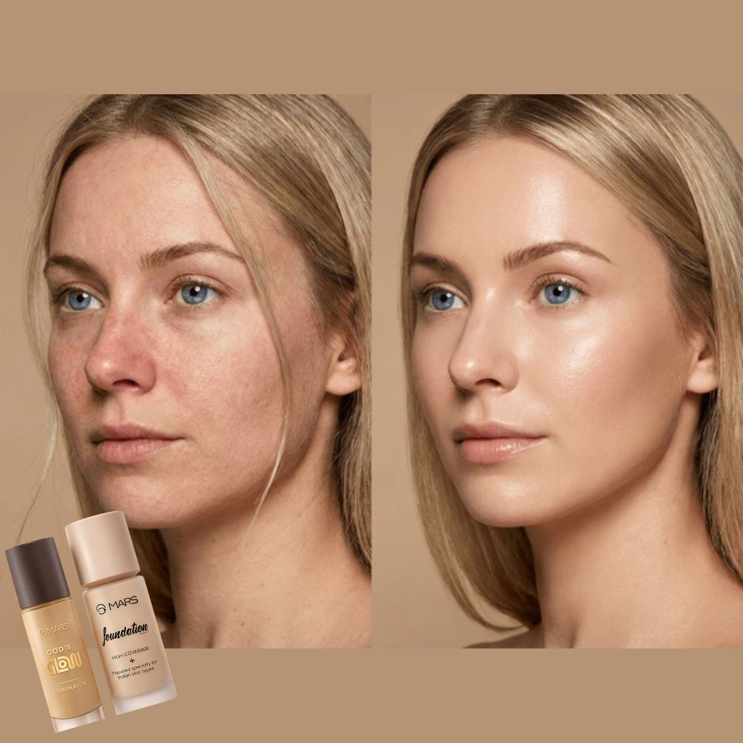 Flawless Glow Duo | MARS God’s Glow Illuminator + Full Coverage Foundation | All-Day Hydration & Glowy Finish