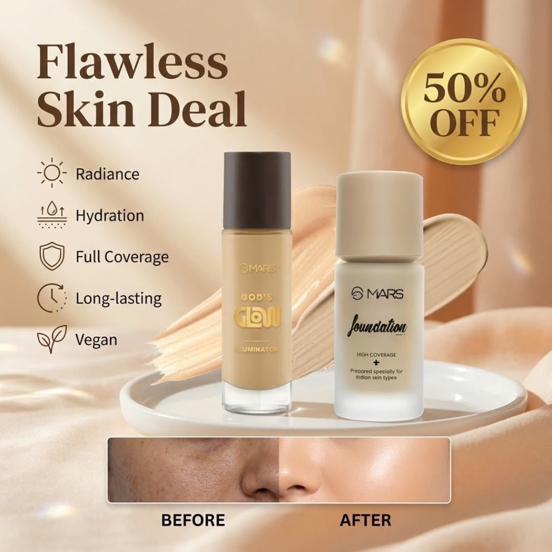Flawless Glow Duo | MARS God’s Glow Illuminator + Full Coverage Foundation | All-Day Hydration & Glowy Finish