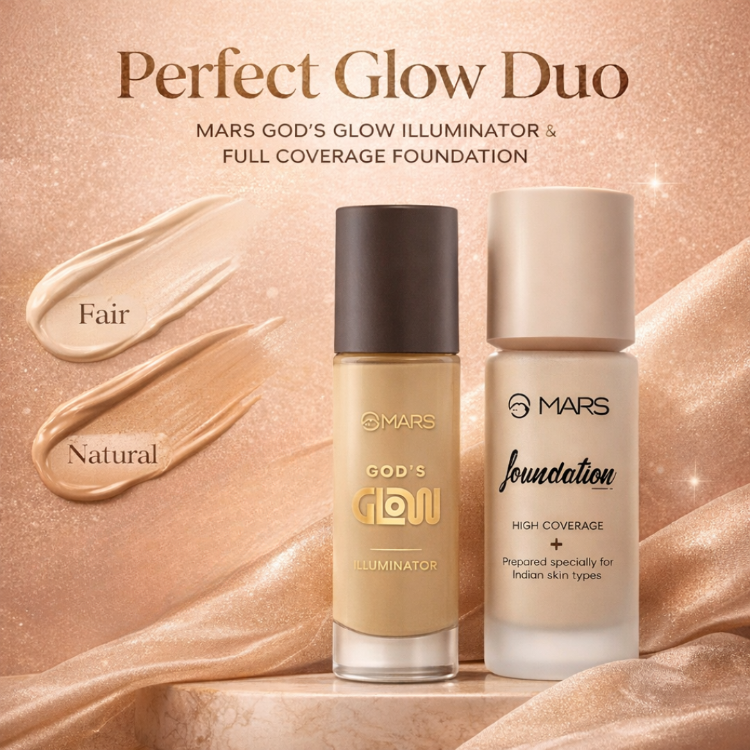 Flawless Glow Duo | MARS God’s Glow Illuminator + Full Coverage Foundation | All-Day Hydration & Glowy Finish
