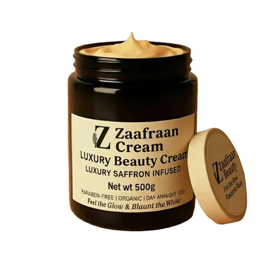Zaafraan Cream jar with lid on a wooden surface